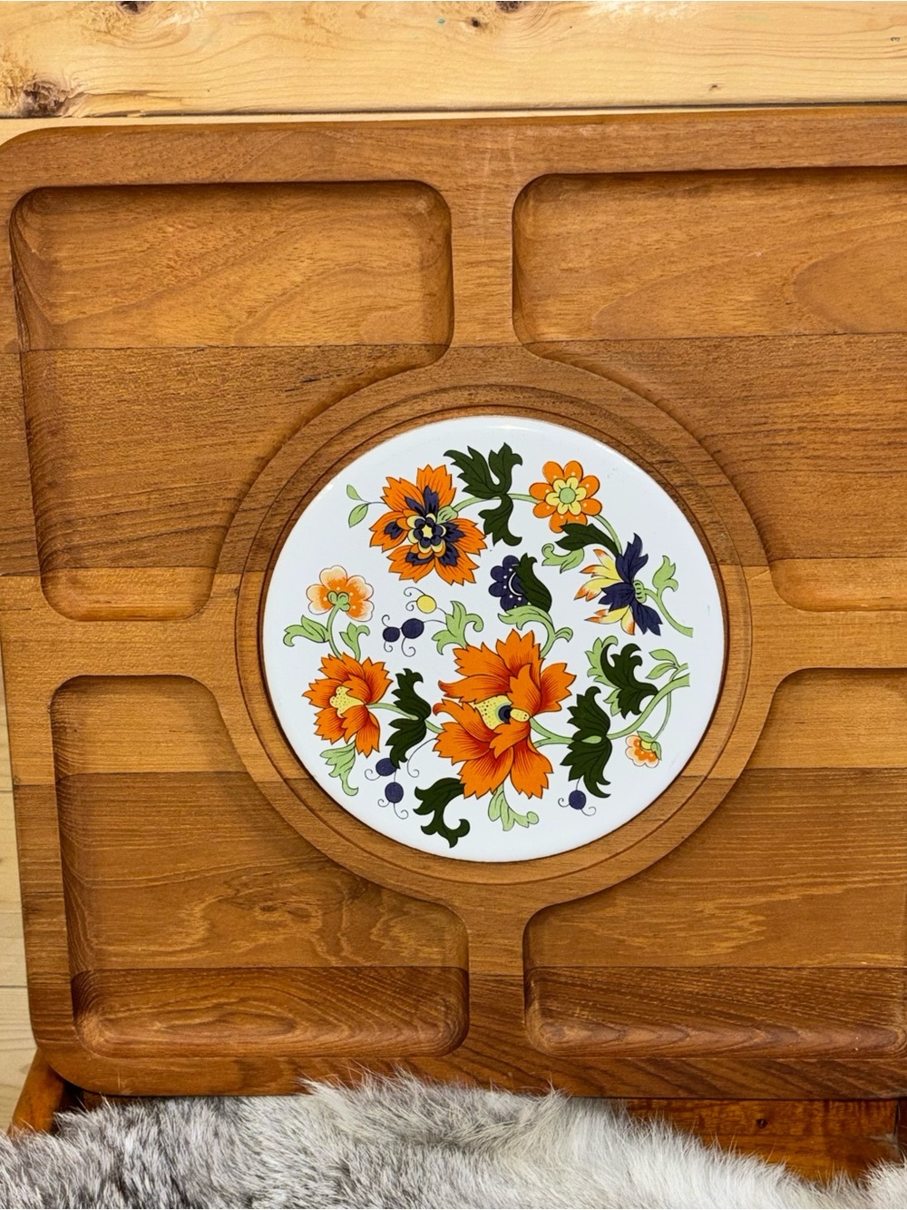 Vintage Dolphin Teakwood Serving Tray Floral Ceramic MCM Divided Snack Platter